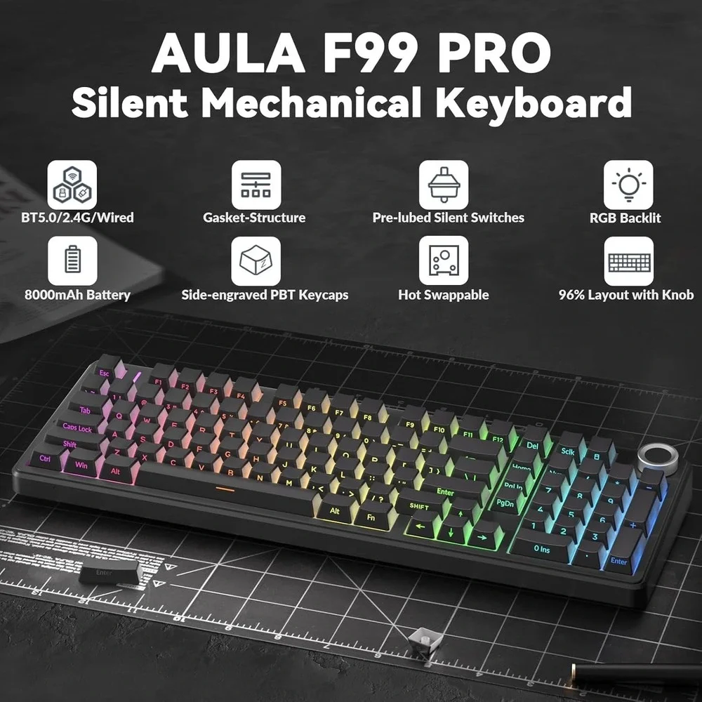 AULA F99 Pro Silent Wireless Mechanical Keyboard Tri-Mode‎ Hot-Swap RGB Black